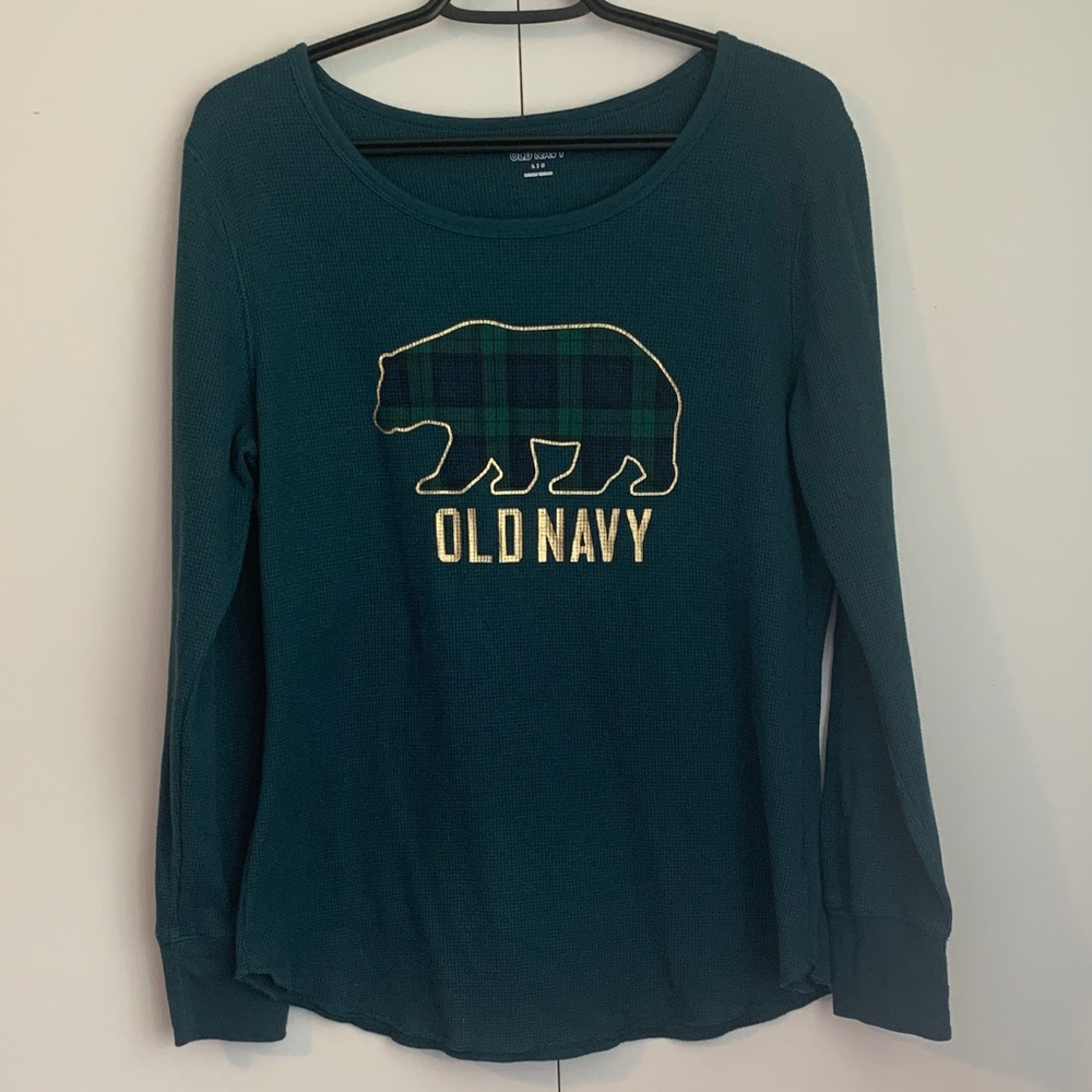 Old Navy Dark Green Thermal Plaid Bear 🐻 Long Sleeve Pyjama Top Size Large